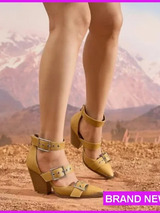 Pointed Toe Pumps Chunky Wedge Heels Ankle Strap Western Sandals Metal Buckle - Picture 5 of 6